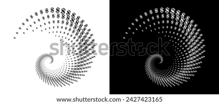 Modern abstract background. Halftone DOLLAR sign in spiral. Round logo. Design element or icon. Black shape on a white background and the same white shape on the black side.