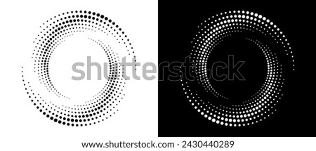 Modern abstract background. Halftone dots in circle form. Round logo. Vector dotted frame. Design element or icon. Black shape on a white background and the same white shape on the black side.