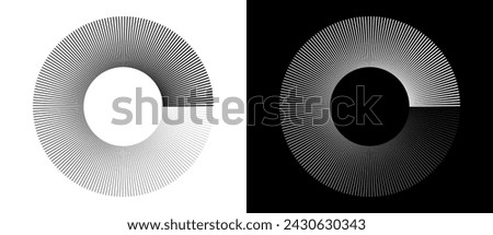 Radial lines of different thickness, as a logo or abstract background. A rotating circle like a loading sign. Black circle on a white background and the same white circle on the black side.