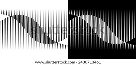 Abstract art geometric background with vertical lines. Optical illusion with waves.  Design element or icon. Black shape on a white background and the same white shape on the black side.