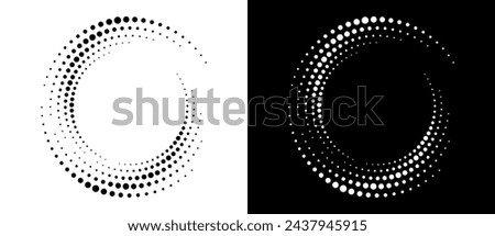 Modern abstract background. Halftone dots in circle form. Spiral logo, icon or design element. Black dots on a white background and white dots on the black side.