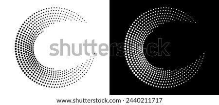 Modern abstract background. Halftone dots in circle form. Letter C like logo, icon or design element. Black dots on a white background and white dots on the black side.