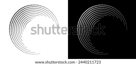Modern abstract background. Halftone dots in circle form. Letter C like logo, icon or design element. Black dots on a white background and white dots on the black side.