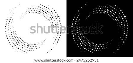 Spiral dotted background with triangles. Yin and yang style. Design element or icon. Black shape on a white background and the same white shape on the black side.