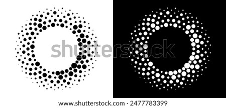 Modern abstract background. Halftone dots in circle form. Round logo, design element or icon. Vector dotted frame. A black figure on a white background and an equally white figure on the black side.