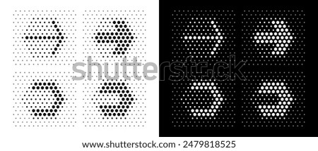 Modern abstract dotted arrows in hexagon shape. Black shapes on a white background and the same white shapes on the black side.