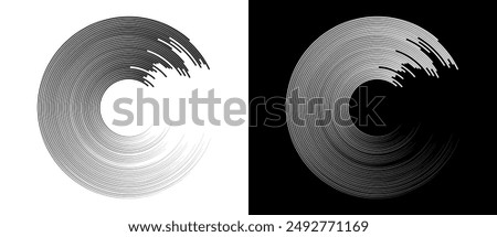 Abstract speed lines like letter C. Logo, icon or design element. Black lines on a white background and white lines on the black side.