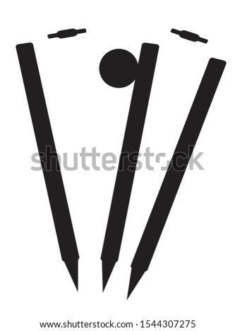 Set of cricket wickets and bails being bowled out in black silhouette isolated on a white background