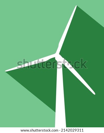 A wind powered generator in white silhouette set over a two tone green shadow background