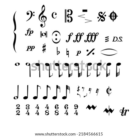 A collection of musical notes and symbols isolated on a white background