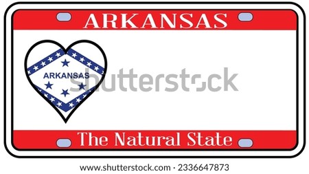 Arkansas state license plate in the colors of the state flag with love heart icons over a white background