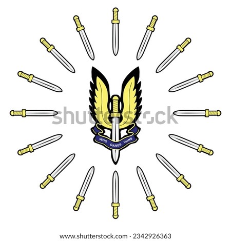 A depiction of the Special Air Service badge isolated over a white background with knifee border