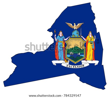 State map outline of New York over a white background with flag inset
