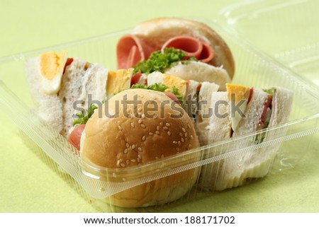 Hamburger and sandwich in box for take home / Selective Focus