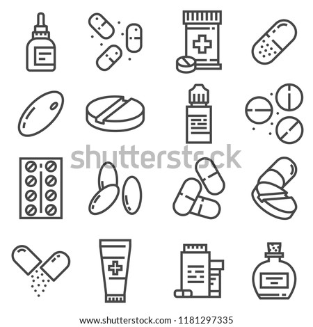 Pills and capsules icons set. Vector illustration. Pharmacy symbols. Eyedrops, Antidepressants, Pilule, Ointment and more