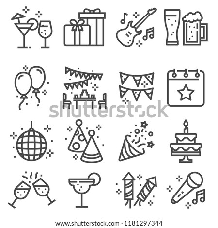 Party, Birthday, celebration line web icons set. Confetti, Cocktail, Guitar, Beer, Gift, Flag Balloon Firework Party Hat Disco Ball and more