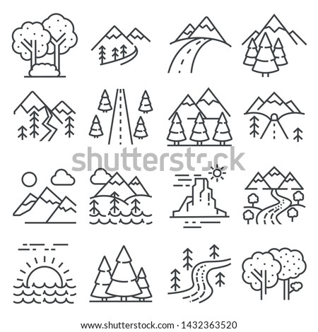 Nature Landscape Icons, Thin Line Style. Forest and valley, park image, rural and agriculture farming environment
