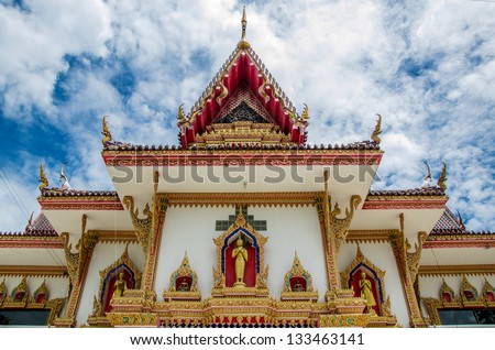Thai church with beautiful sky, Thailand any kind of art decorated in Buddhist matter. Created with money of people to hire artist. They are public domain or treasure of Buddhism, no restrict in use.