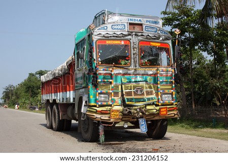 ASSAM, INDIA - CIRCA MAY 2012: Wrecked Indian truck following collision