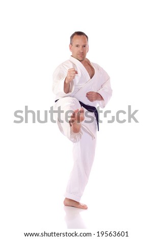 Man in karate-gi doing a front kick