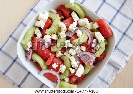 Water Melon Salad with feta, cucumber and red onion