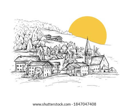 Rural landscape with sunrise. Italy, Europe. Santa Maddalena. Val di Funes valley. Sketch illustration with a church, village houses on the hill. Vintage design for print, postcard. Raster version