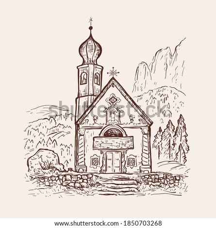 Funes Valley, Dolomites, Italy. Chiesetta di San Giovanni church. Italy, Europe. Santa Maddalena. Sketch vector illustration. Vintage design for t-shirt print, postcard, poster, cover