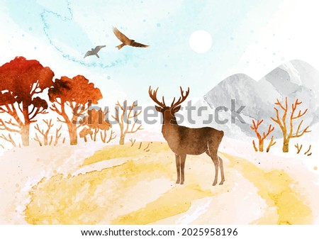 Watercolor autumn vector landscape in orange colors. Illustration of mountains, trees, deer ​and birds under blue sky. Silhouette of deer and birds. All elements, textures are individual objects
