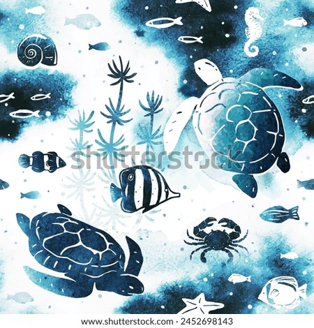 Watercolor vector stylish seamless pattern with silhouette ocean bottom, turtles, crab, seahorse, fish, seaweed, sea shells and abstract splashes. For textile print, page fill, website, wrapping paper