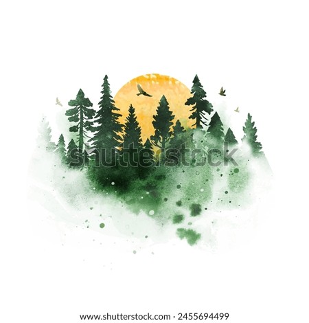 Vector landscape with coniferous forest, sun and birds  isolated on white dackground. Morning haze in the forest. Watercolor nature hand drawn illustration with splashes