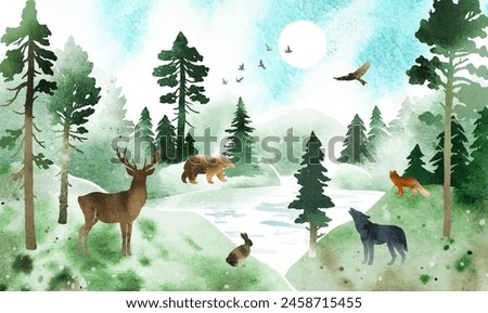 Watercolor vector nature illustration with coniferous forest, river and animals. Summer landscape. Silhouette of firs, pines, deer, hare, fox, wolf, bear and birds under blue sky