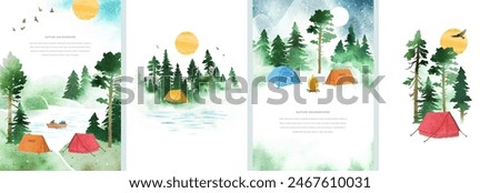 Touristic camp with tents. Set watercolor vector templates with tents, mountains, boat, bonfire, river, forest and space for text. Travel concept. Illustrations for print, book, banner, card, flyer