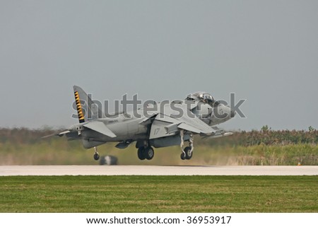 CLEVELAND, OHIO - JUNE 6: A US Marines Harier fighter jet aircraft takes off at the Cleveland National Airshow on Sept. 6, 2009 in Cleveland, Ohio.