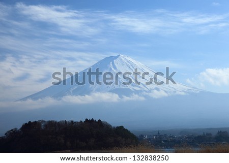 View of Mount Fuji from Kawaguchiko lake in march,Snow-capped Mount Fuji with clear sky background