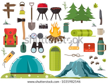 Hiking camping equipment vector campfire base camp gear and accessories illustration. Hike outdoor travel climbing elements. Forest tourism vacation adventure. Scout leisure expedition trip campground