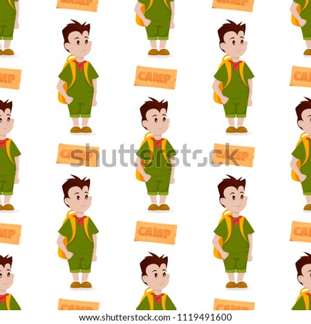 Boy scout seamless pattern camp outdoor background nature kid scouting vector illustration. Fun uniform hiking male person activity. Young scout club people lifestyle.