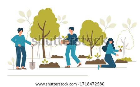 Reforestation concept. Forest restoration, reforestation planting trees, environment day. Characters seedling garden. Vector volunteer gardening plant. Environmental agriculture save earth ecology.