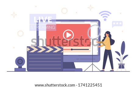 Live streaming, broadcast concept. Video streaming podcast. Business co working process. Online videos Vector. Video blogging. Video conferencing and online communication. Broadcast vlog