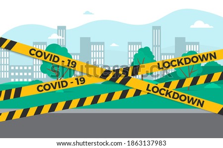 Lockdown city barrier tape quarantine. Coronavirus pandemic puts countries on lockdown. LOCKDOWN yellow sign. Lock down concept for virus outbreak, stay at home vector symbol.