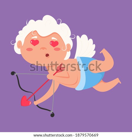 Valentine Cupid love playfully angel. Cute boy or girl cupid. Flying angel love shoots bow. Lover cupid. Vector illustration romance holiday amur boy character. Fantasy amour kid greeting card.