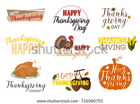 Thanksgiving harvest food logo design set holiday typographic autumn season traditional typography badge vector illustration. Happy thanksgiving seasonal label. Thanks giving sticker.