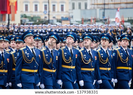 SAINT PETERSBURG, RUSSIA - MAY 9: Military Victory parade (victory in the World War II) is spent every year on May 9 on Palace Square of St.-Petersburg, Russia.