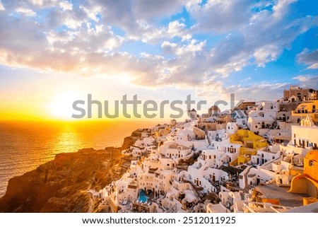 Similar – Image, Stock Photo Oia village at sunset, Santorini island, Greece.