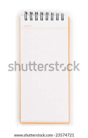 Blank vertical memo pad with orange cover. Isolated on pure white