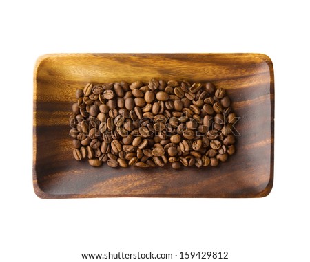 Coffee beans on acacia wood tray, Isolated on white.