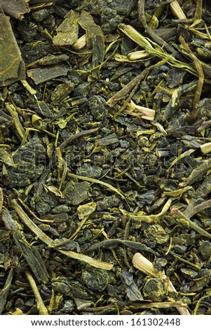 Sencha Japanese green tea leaves, high magnification macro.