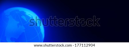 Blue glowing globe or earth, title bar or header dimension.