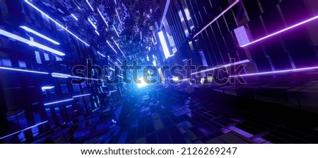 Blue futuristic sci-fi style corridor or shaft background with exit or goal ahead.Abstract cyber or digital speedway concept.  3D illustration, 3D rendering. Imagine de stoc © 