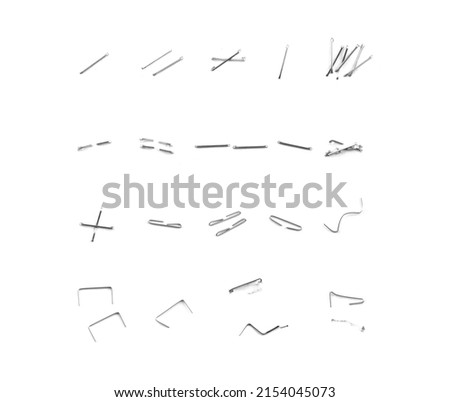 All existing forms of staple needle in use.  Including paper cavity hole where staple needles were pulled out . High resolution. Isolated on white. Foto stock © 