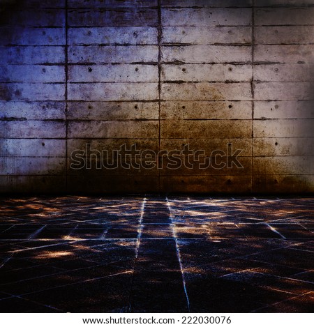 Grungy concrete and stone room with mysteriously illuminated stone floor.
